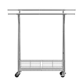 Clothes Rack, Rolling Clothing Garment Rack with 2 Hanging Rods and Storage Basket, 330 lbs Load Capacity