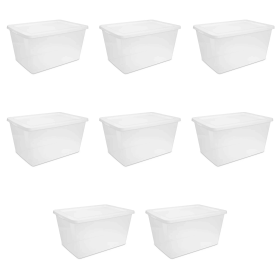58 Quart Storage Box, Clear Plastic Storage Bin with Snap-on Lid, White (Pack Size: 8 Pack)