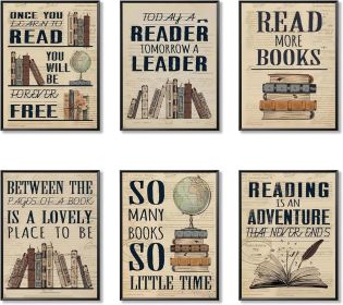 6 Piece Vintage Reading Quote Wall Art Prints, Retro Book Lover Canvas Posters with Inspirational Library Quotes (Color: Books   16"L x 12"W Unframed)