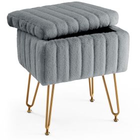 Vanity Stool Chair with Storage, Ottoman Faux Fur Soft Padded Makeup Footstools Seat with 4 Metal Legs Anti-Slip Adjustable Feet Modern (Color: Gray)