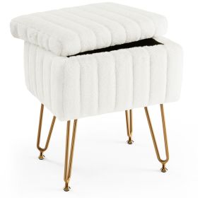 Vanity Stool Chair with Storage, Ottoman Faux Fur Soft Padded Makeup Footstools Seat with 4 Metal Legs Anti-Slip Adjustable Feet Modern (Color: White)