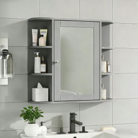 Bathroom Wall Storage Cabinet with Mirror, Medicine Cabinet with Adjustable Wood Shelf & Doors, Mounted Storage Cabinets with 6 Open Shelves (Color: Gray)